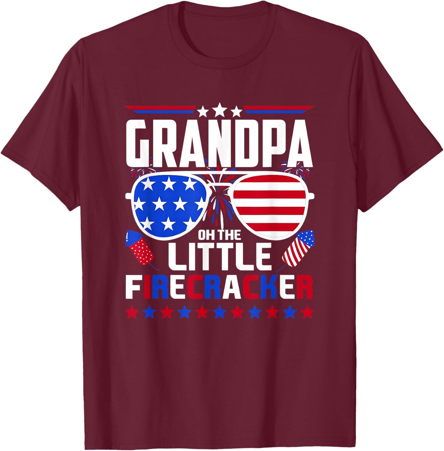 Grandpa of The Little Firecracker Fourth of July Birthday T-Shirt - T-Shirt | Maroon