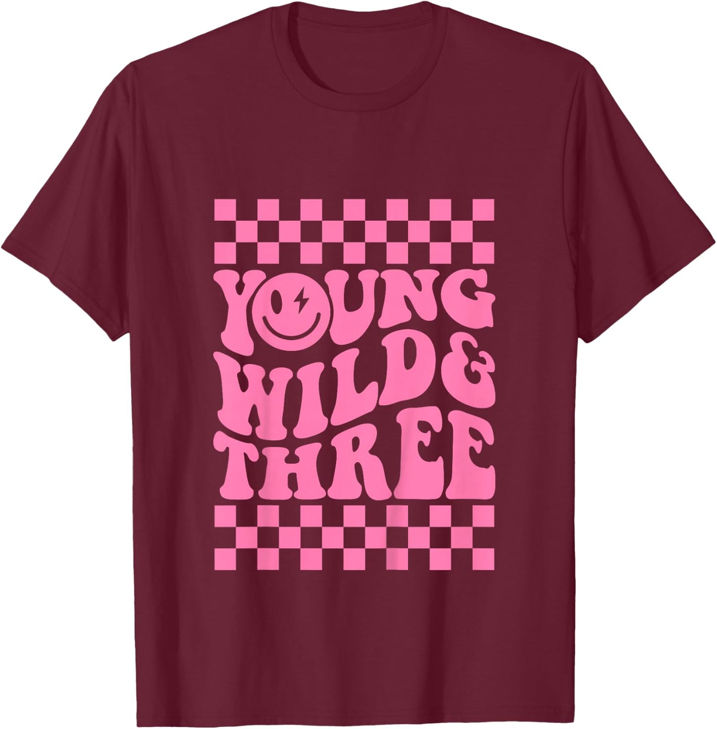 Young Wild And Three Groovy Toddler Birthday Girl T-Shirt - T-Shirt | Maroon