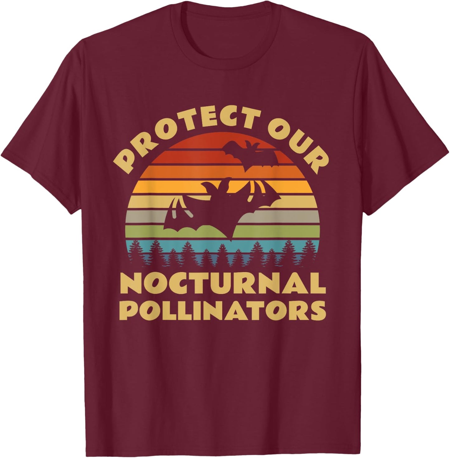 Protect Our Nocturnal Pollinators Retro Bat Sunset T-Shirt - T-Shirt | Maroon
