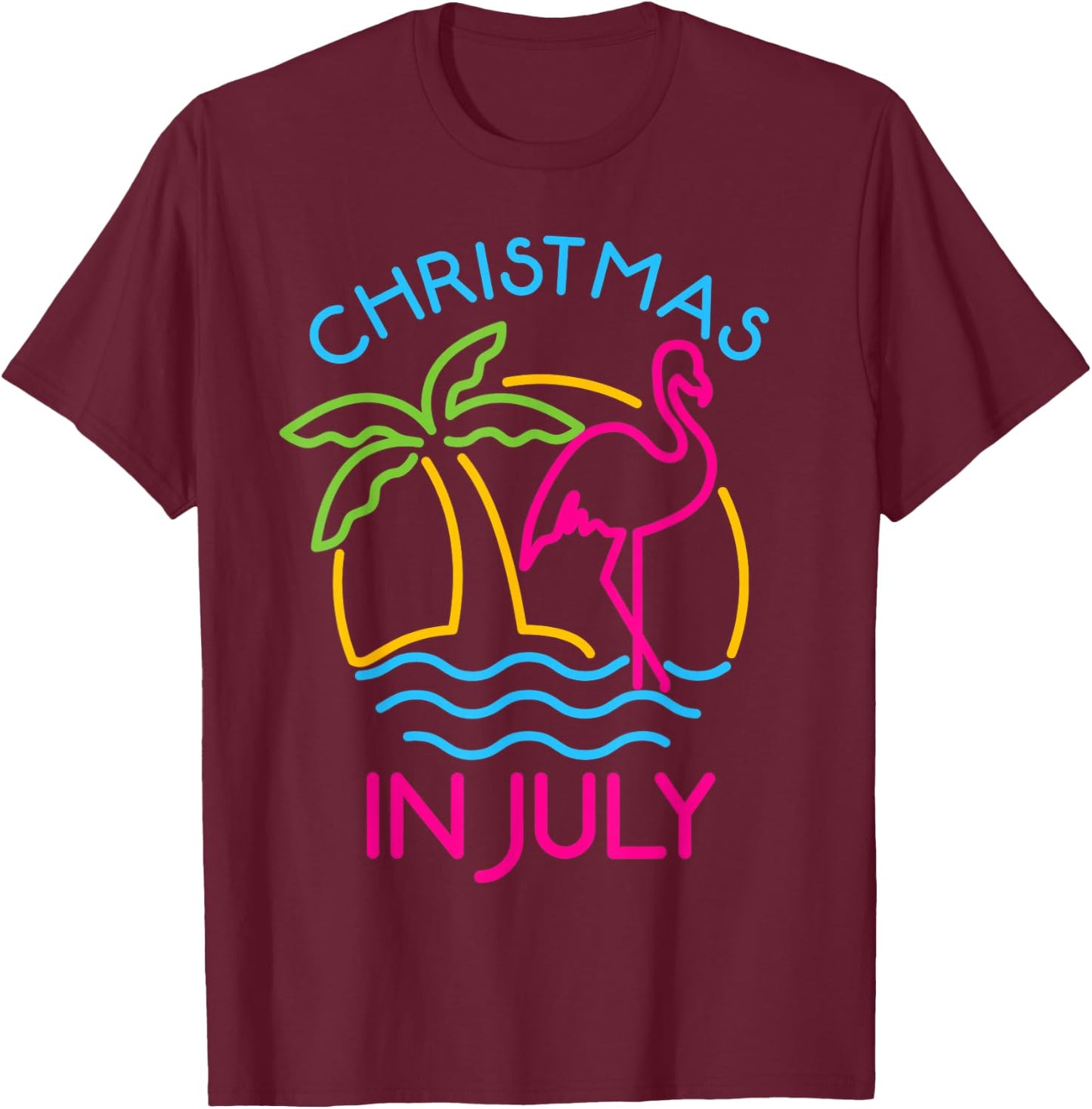 Christmas In July Pink Flamingo Santa Hat Summer Vacation Women Kids T-Shirt - T-Shirt | Maroon