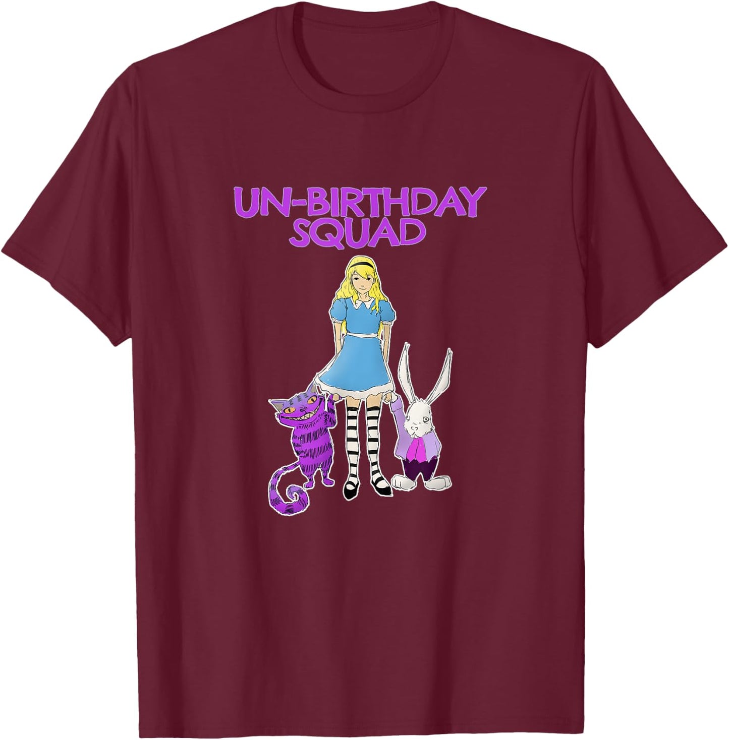 UnBirthday Squad - Alice Cheshire Grinning Cat White Rabbit T-Shirt - T-Shirt | Maroon