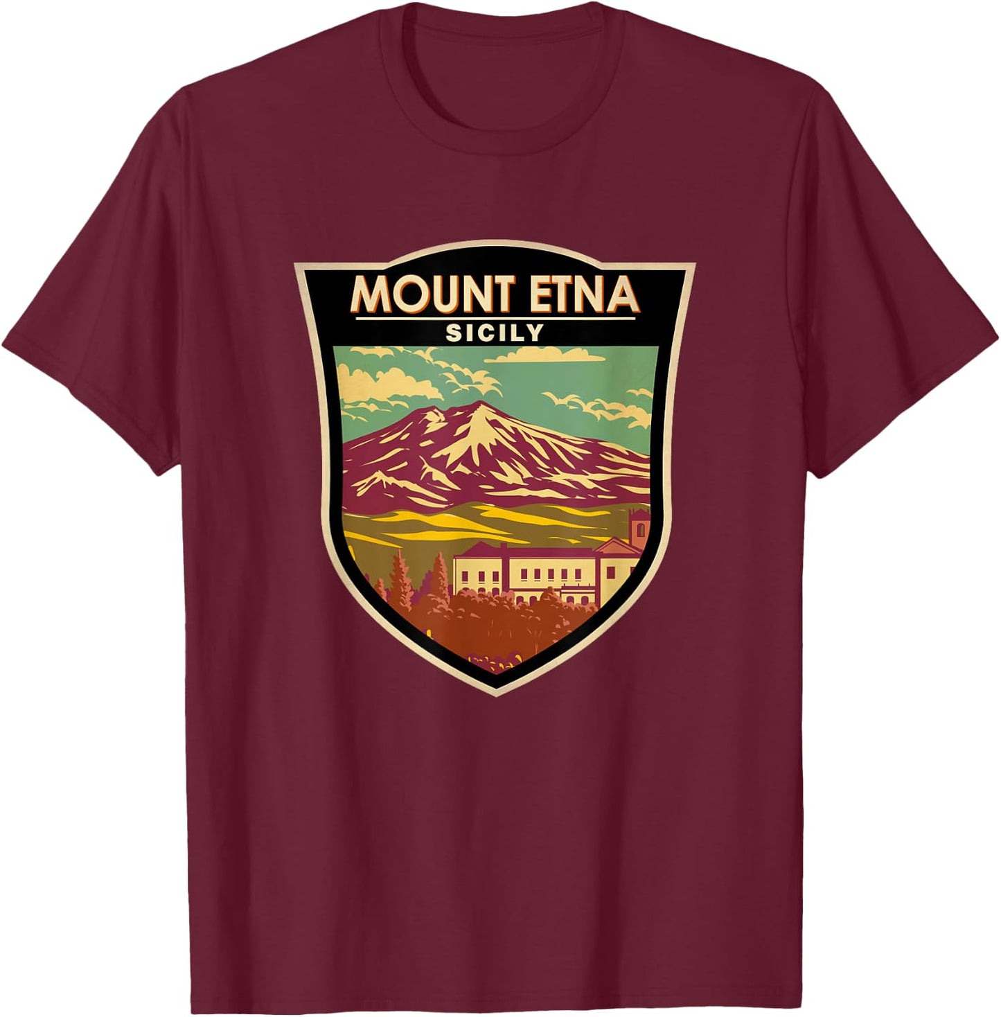 Mount Etna Sicily Landmark Badge Vintage T-Shirt - T-Shirt | Maroon
