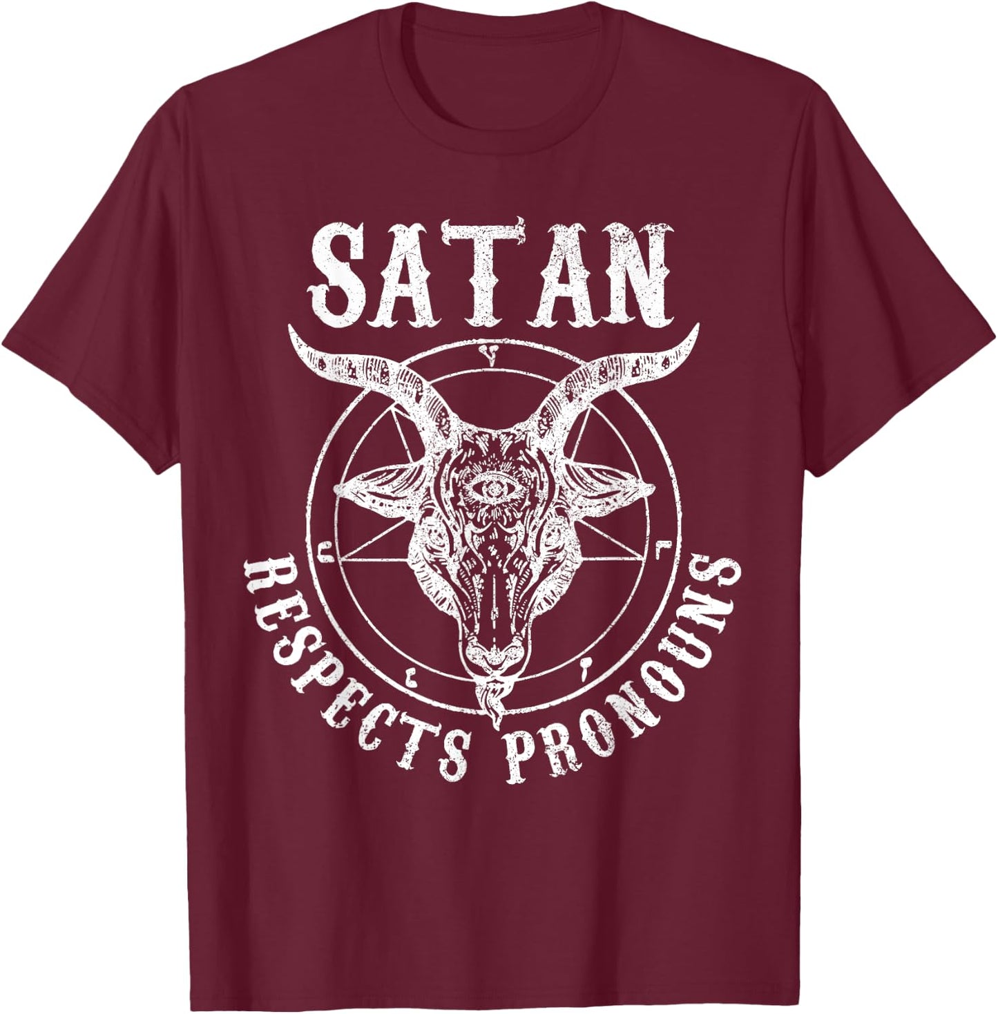 Satan Respects Pronouns Satanic Pride Month LGBTQ Baphomet T-Shirt - T-Shirt | Maroon