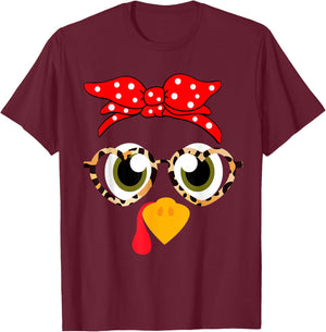 Thanksgiving Turkey Face Costume Leopard Print Glasses Girls T-Shirt - T-Shirt | Maroon