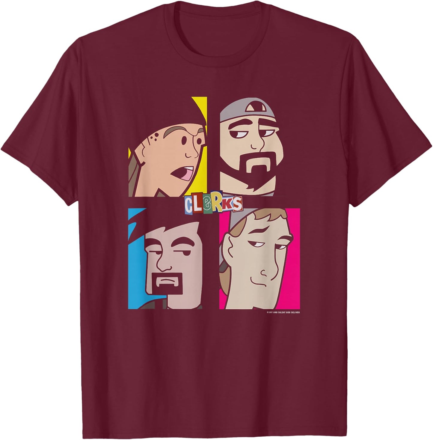 Jay & Silent Bob Clerks Group Shot Cartoon Character Panels T-Shirt - T-Shirt | Maroon
