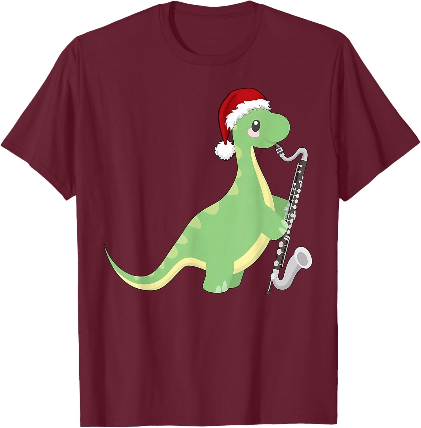 Christmas Cute Dinosaur Playing Bass Clarinet Music Teacher T-Shirt - T-Shirt | Maroon