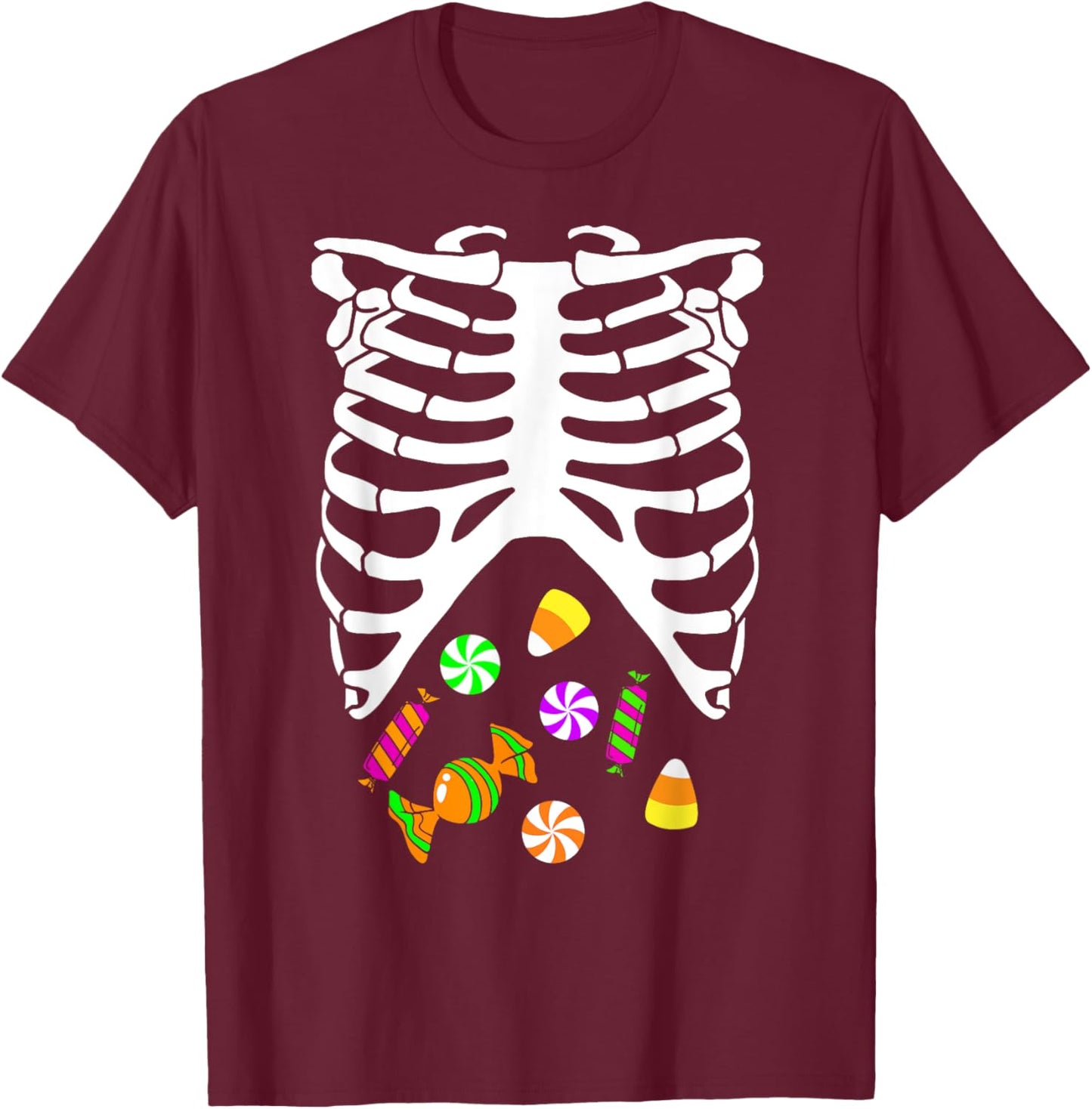 Skeleton Tummy Full of Candy Halloween Costume T-Shirt - T-Shirt | Maroon