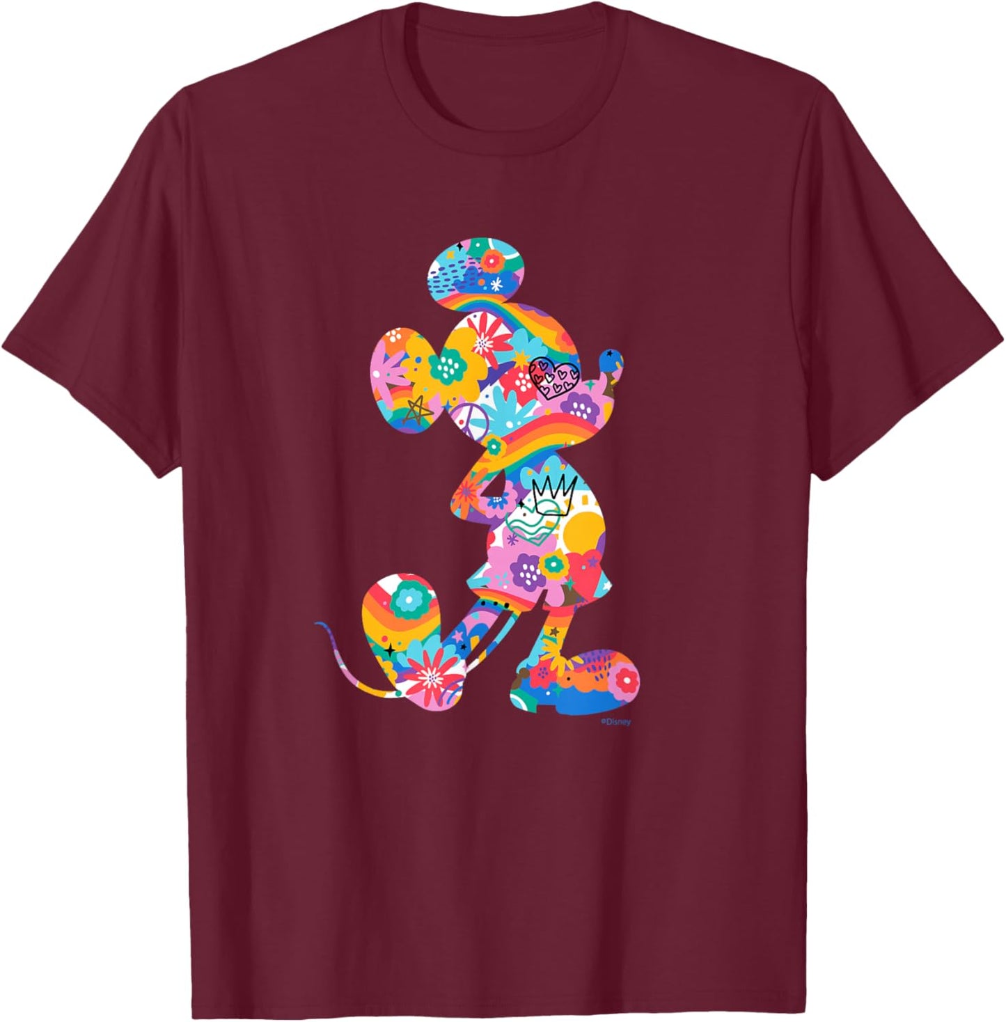Disney Mickey Mouse Pride Pose Rainbow Icon Fill Doodles , Black, S T-Shirt - T-Shirt | Maroon