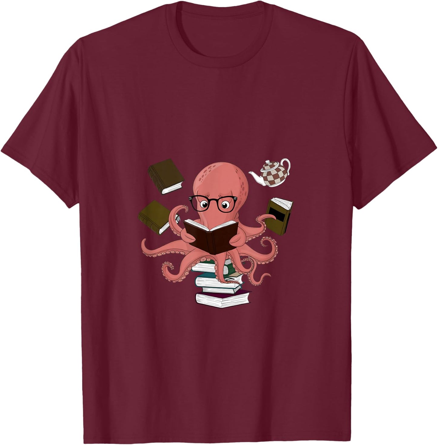 Octopus Holding Books Teacher Book Lover Reading T-Shirt - T-Shirt | Maroon
