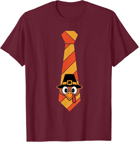 Funny Thanksgiving Tie With Turkey For Family Dinner T-Shirt - T-Shirt | Maroon