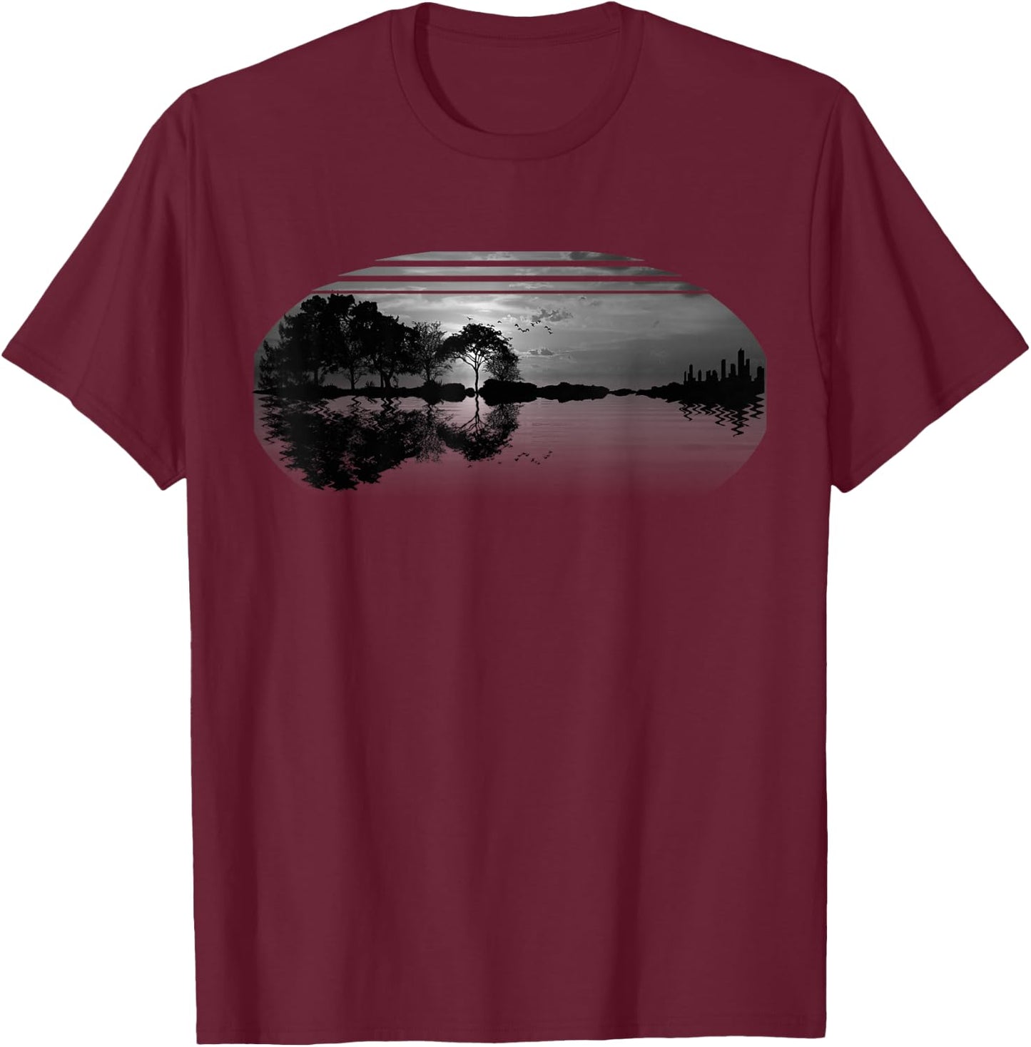 Guitar Gray Sky Trees City Lake Reflection Special Design T-Shirt - T-Shirt | Maroon
