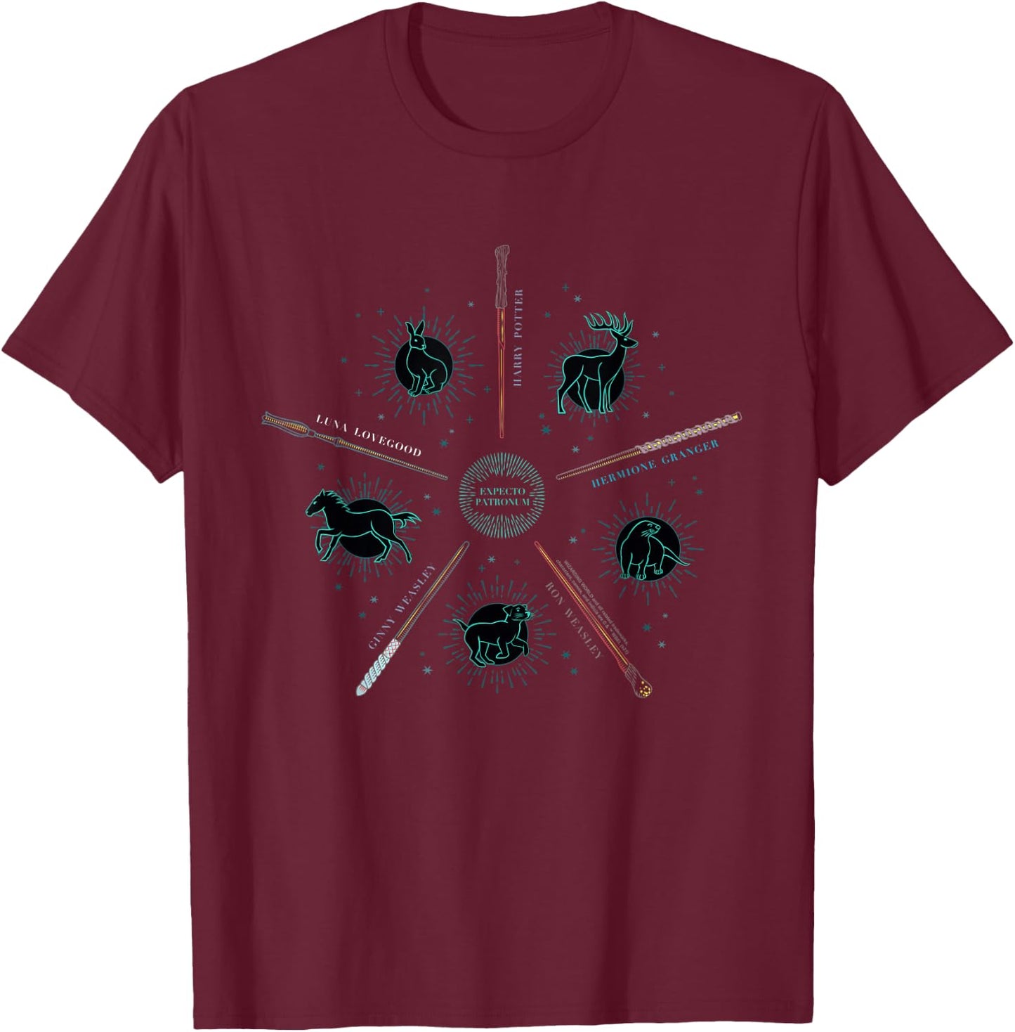 Harry Potter Expecto Patronum and Wands -Adults , Black, Small T-Shirt - T-Shirt | Maroon