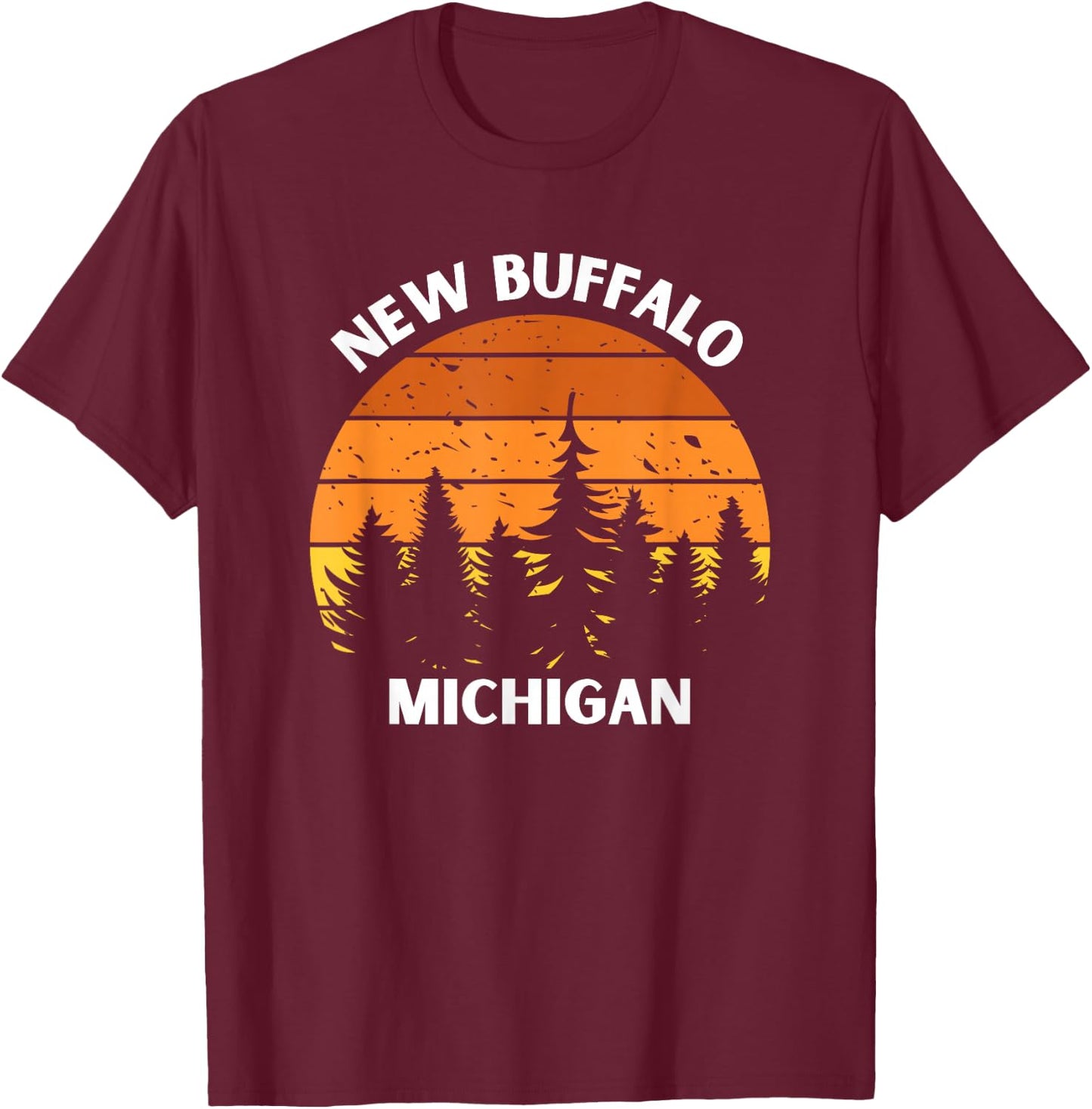New Buffalo Michigan Retro Forest Sunset Up North Michigan T-Shirt - T-Shirt | Maroon