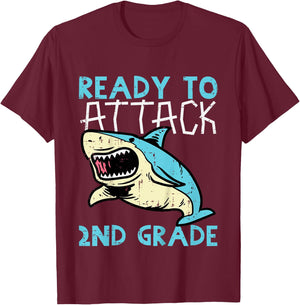 Kids Shark Ready To Attack 2nd Grade Second First Day Of School T-Shirt - T-Shirt | Maroon