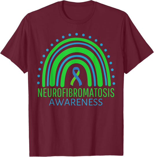 Rainbow Blue And Green Neurofibromatosis Awareness Ribbon T-Shirt - T-Shirt | Maroon