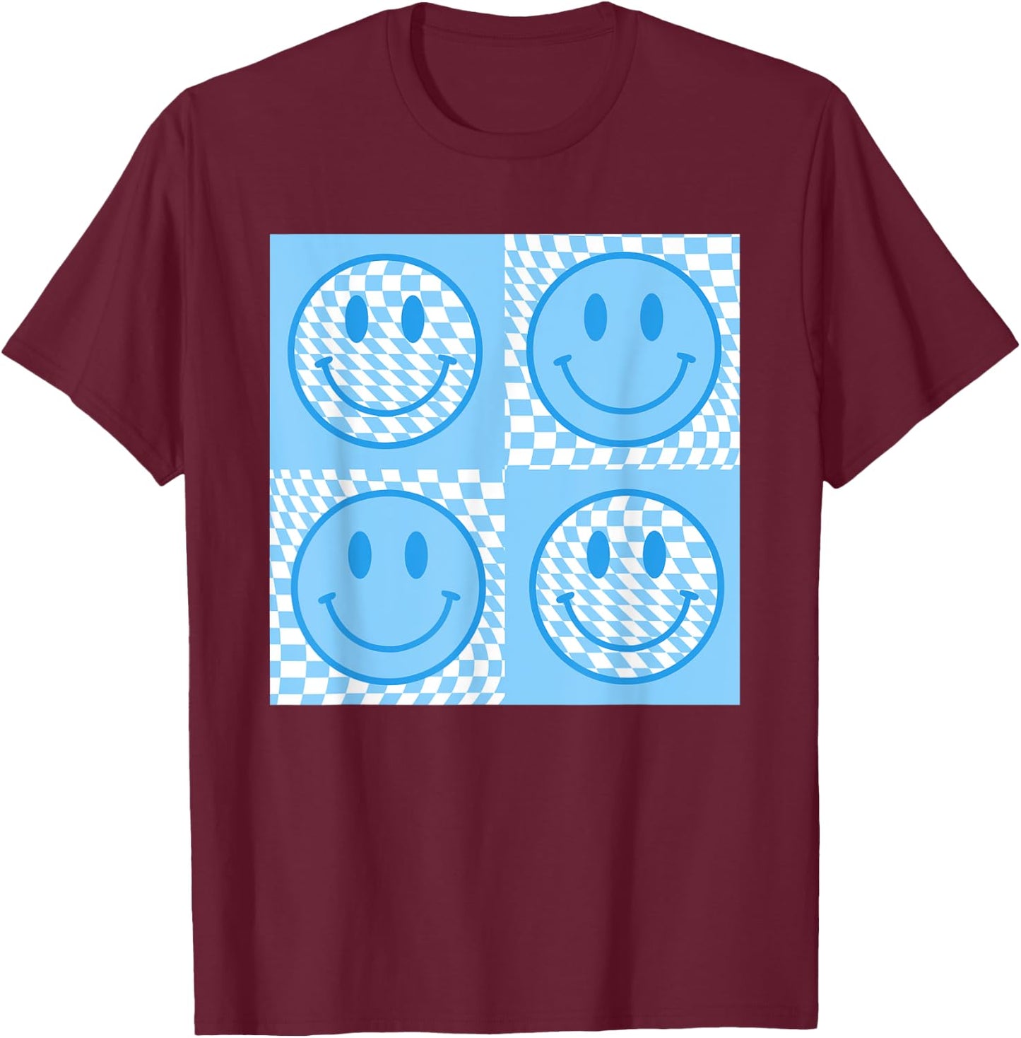 Checkered Pattern Smile Face Meme Blue Happy Face Colorful T-Shirt - T-Shirt | Maroon