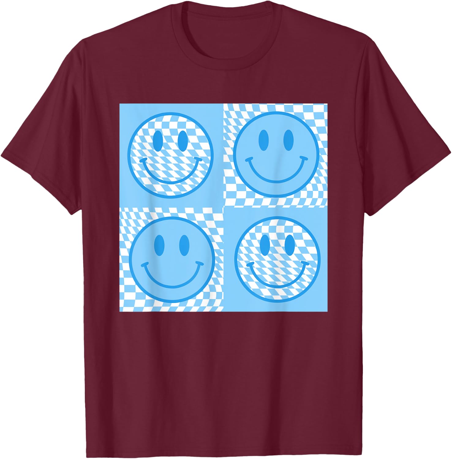 Checkered Pattern Smile Face Meme Blue Happy Face Colorful T-Shirt - T-Shirt | Maroon