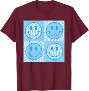 Checkered Pattern Smile Face Meme Blue Happy Face Colorful T-Shirt - T-Shirt | Maroon