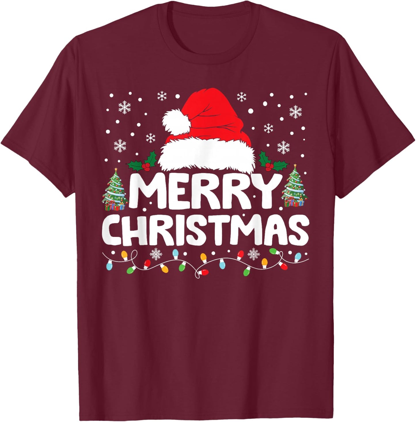Merry Christmas Lights Red Santa Hat Xmas Family Men Women T-Shirt - T-Shirt | Maroon