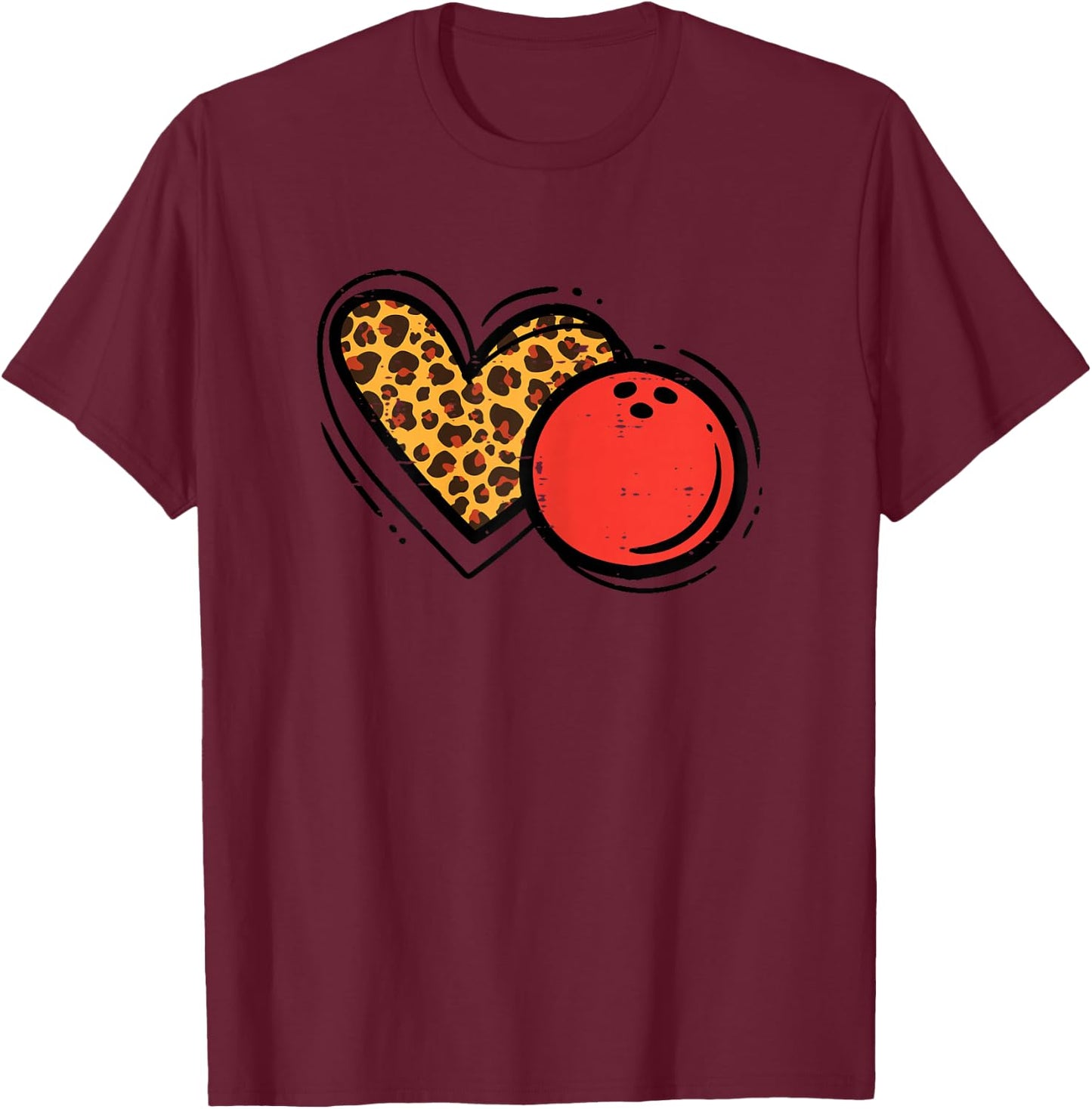 Bowling Ball Leopard Heart Cute Love Bowler Women Girls Kids T-Shirt - T-Shirt | Maroon