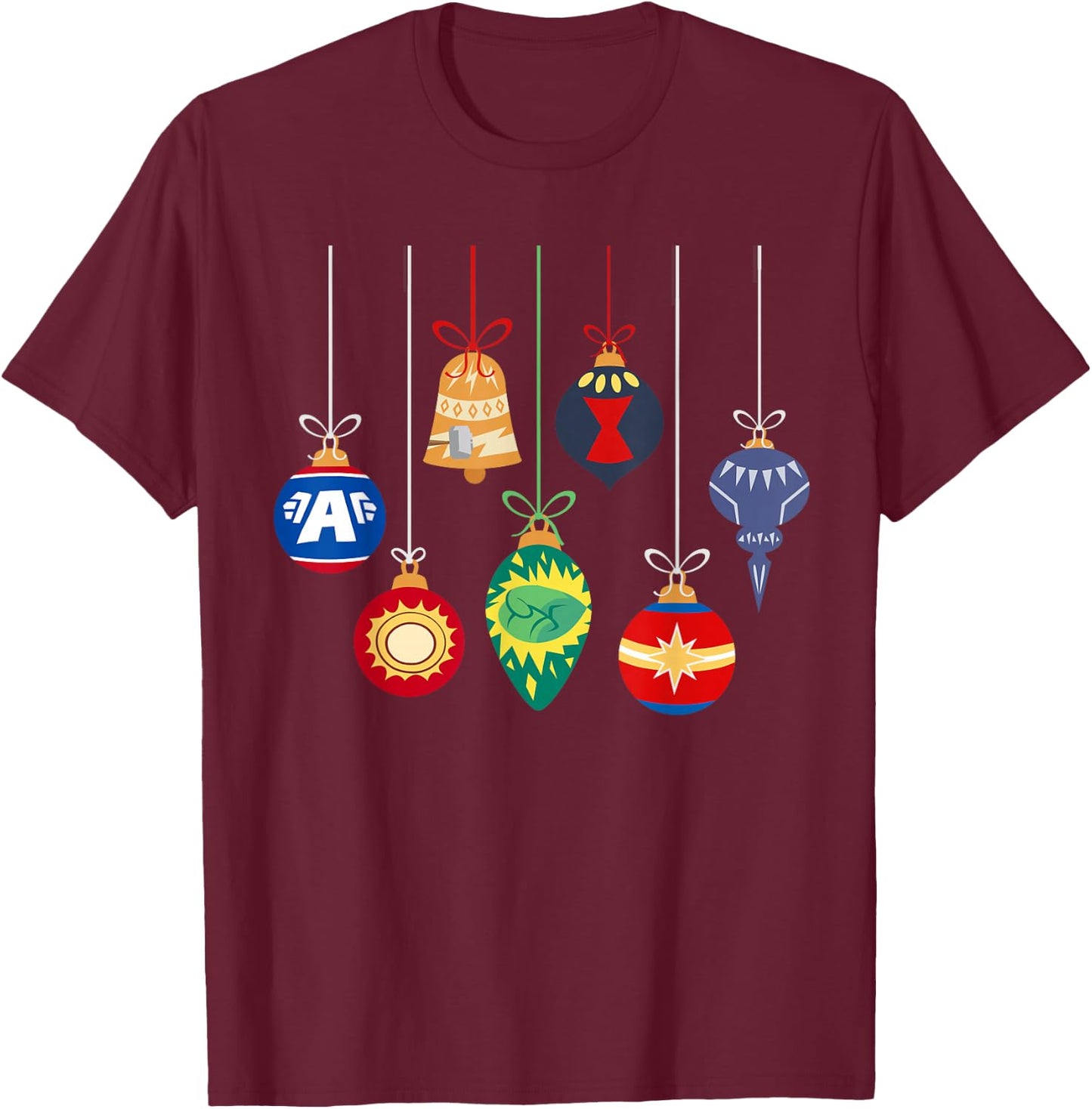 Marvel Holiday Christmas Avengers Team Festive Ornaments T-Shirt - T-Shirt | Maroon