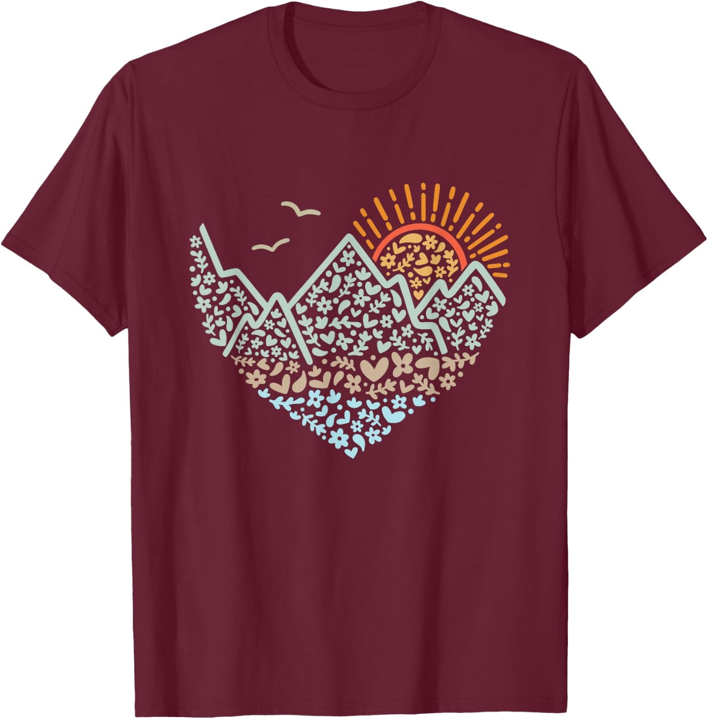 Mountain Heart Floral Sunshine hiking scene design T-Shirt - T-Shirt | Maroon