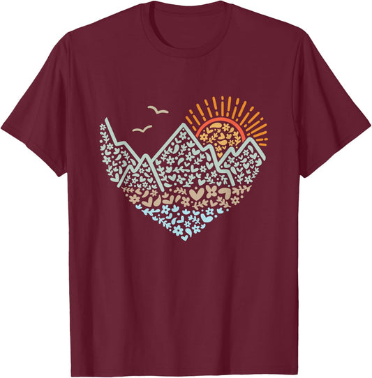 Mountain Heart Floral Sunshine hiking scene design T-Shirt - T-Shirt | Maroon