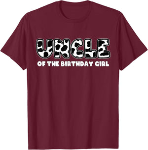 Uncle of the Birthday Girl Cow Print T-Shirt - T-Shirt | Maroon