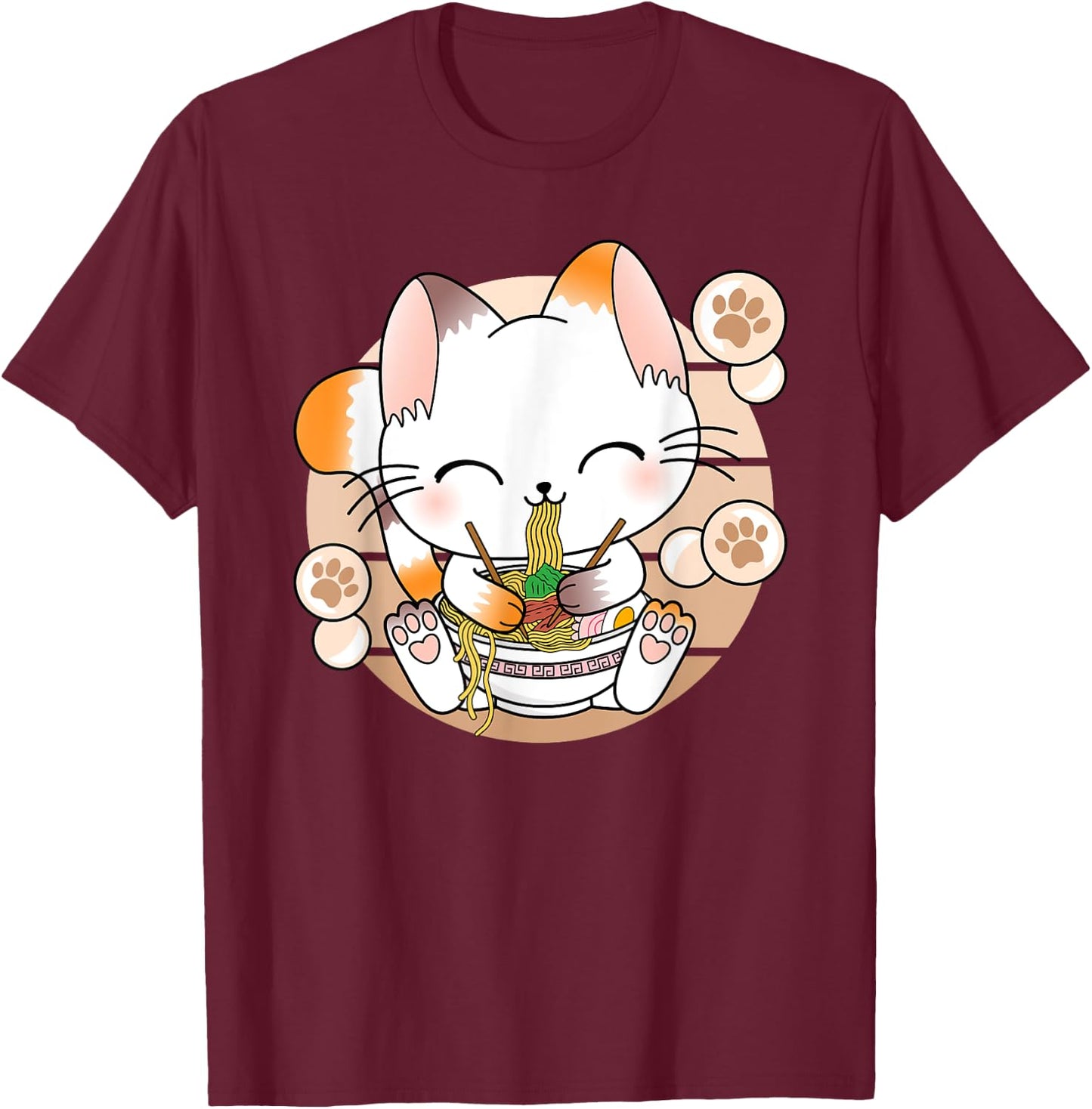 Funny Japanese Anime Cat Ramen Noodles Kawaii Manga , black T-Shirt - T-Shirt | Maroon