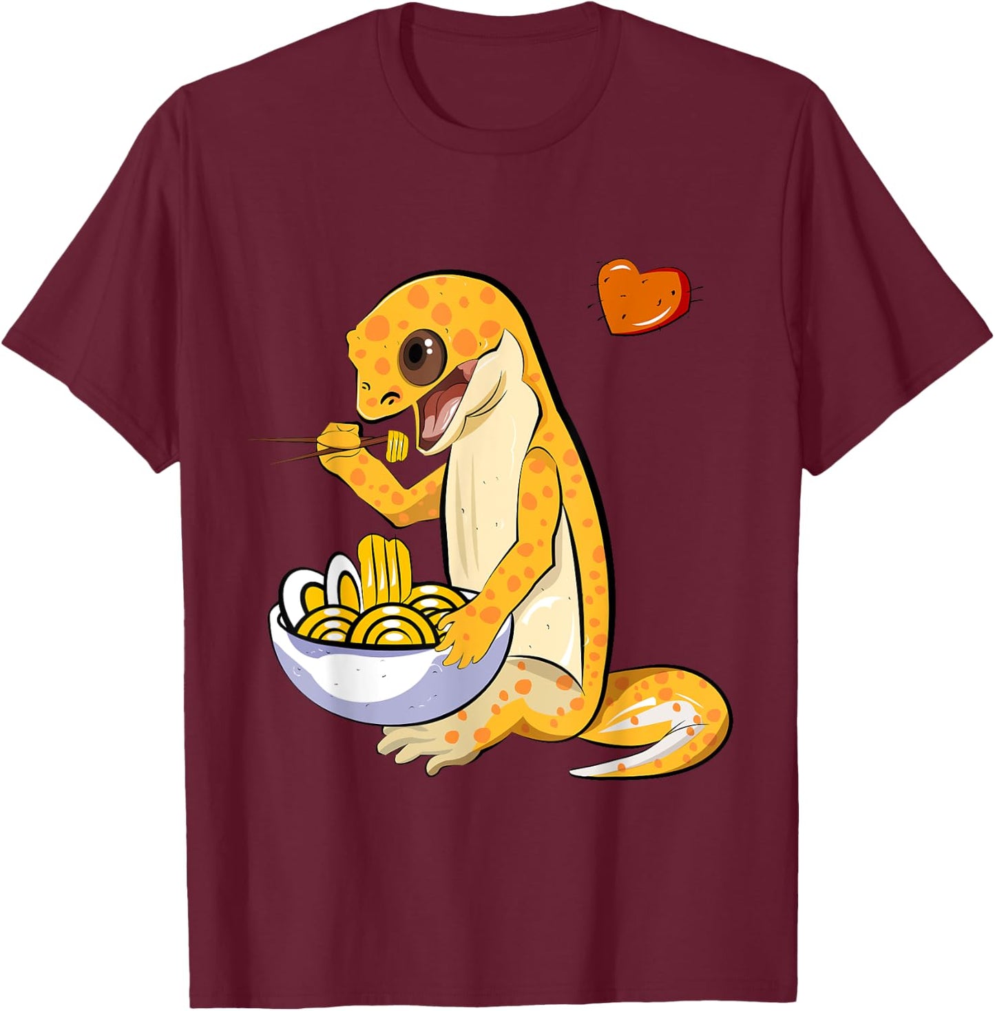Cute Leopard Gecko Eating Ramen Noodles Illustration T-Shirt - T-Shirt | Maroon