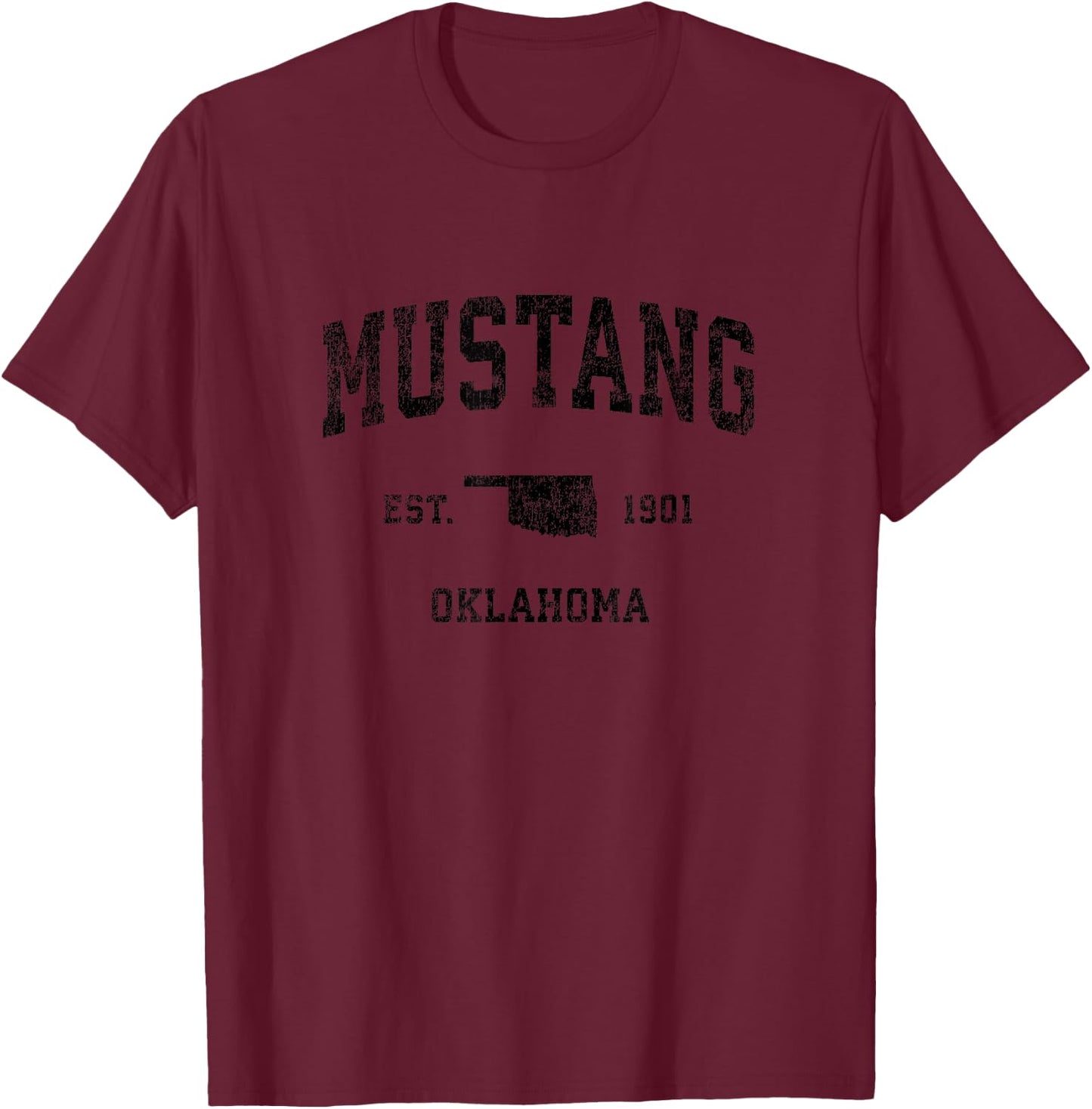 Mustang Oklahoma OK Vintage Sports Design Black Print T-Shirt - T-Shirt | Maroon