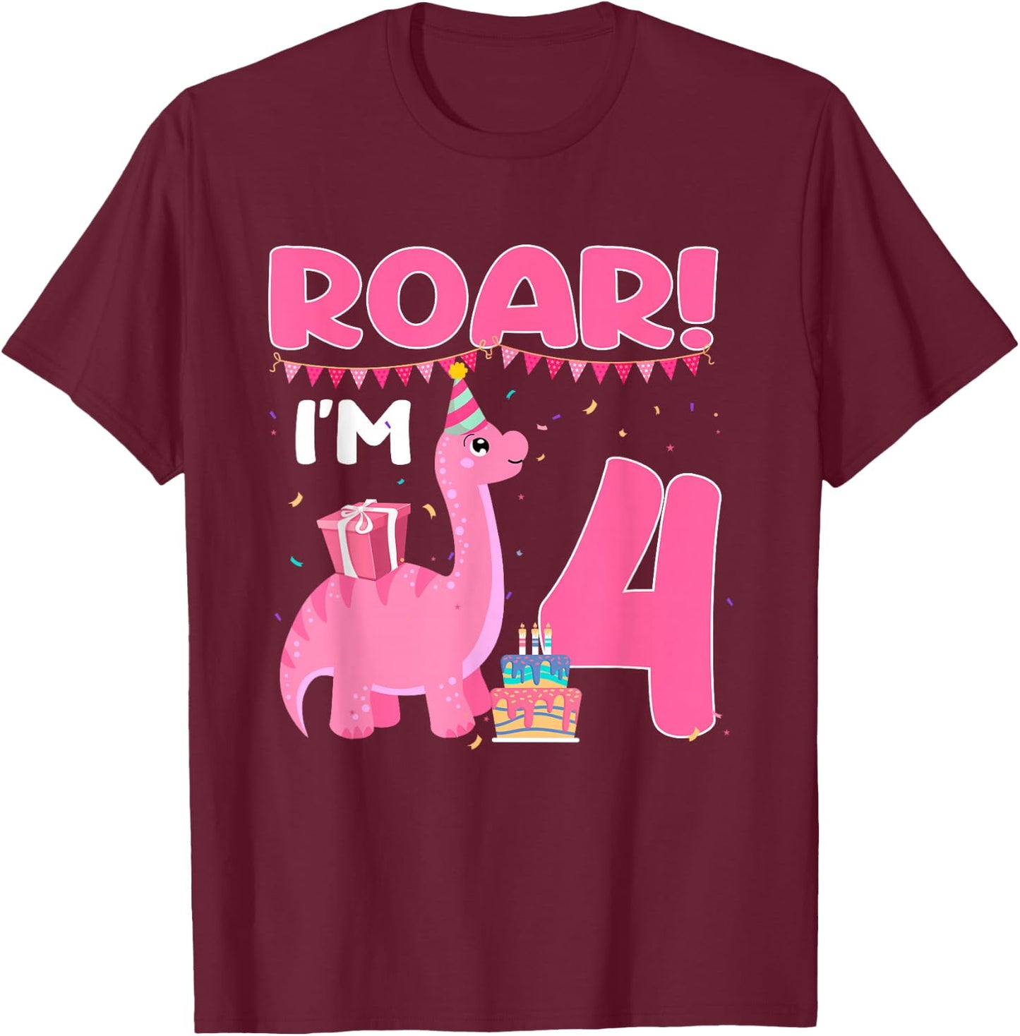 Roar I'm 4 Year Old Dinosaur Girl 4th Birthday Party T-Shirt - T-Shirt | Maroon