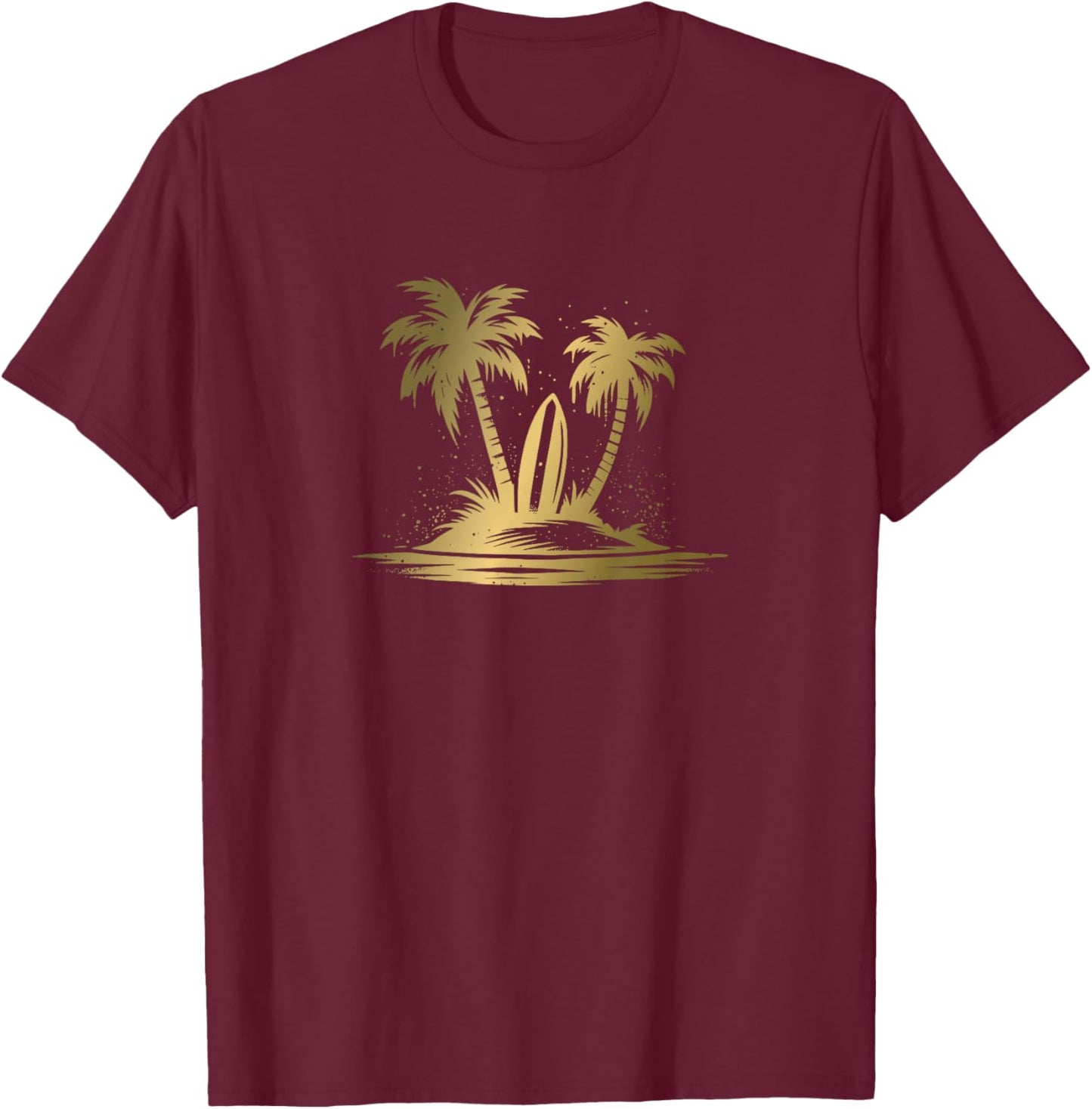 Surfboard and Palm Trees on Summer Island T-Shirt - T-Shirt | Maroon