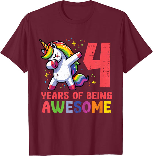 4 Years Of Being Awesome Unicorn 4th Birthday Girls Kids T-Shirt - T-Shirt | Maroon