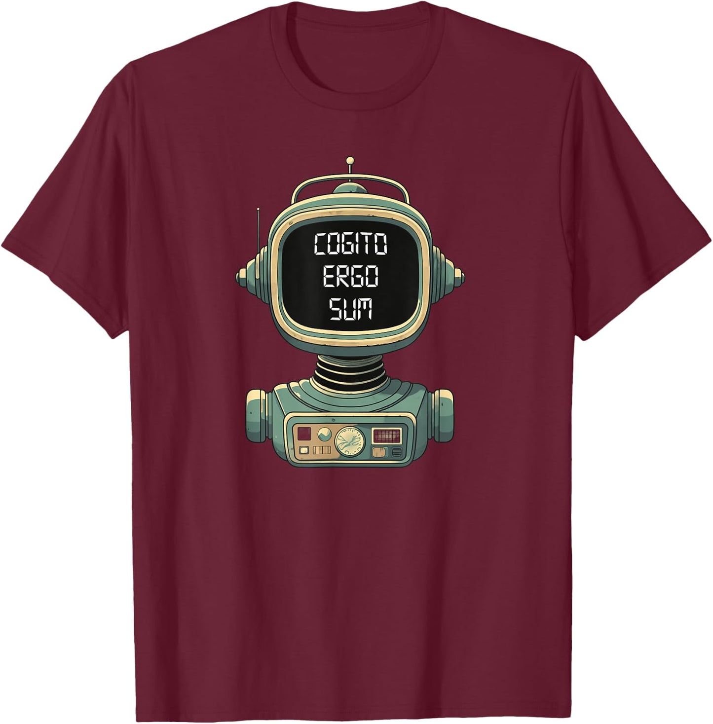 Retro Robot with Existential Message - Cogito Ergo Sum T-Shirt - T-Shirt | Maroon
