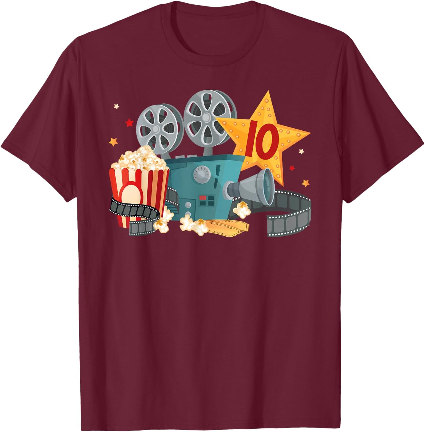 10th Movie Night Birthday Party Ten Year Old Movie Lover T-Shirt - T-Shirt | Maroon