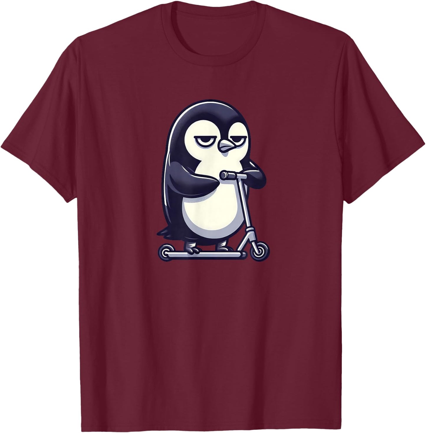 Cartoon Bored Penguin on Scooter T-Shirt - T-Shirt | Maroon