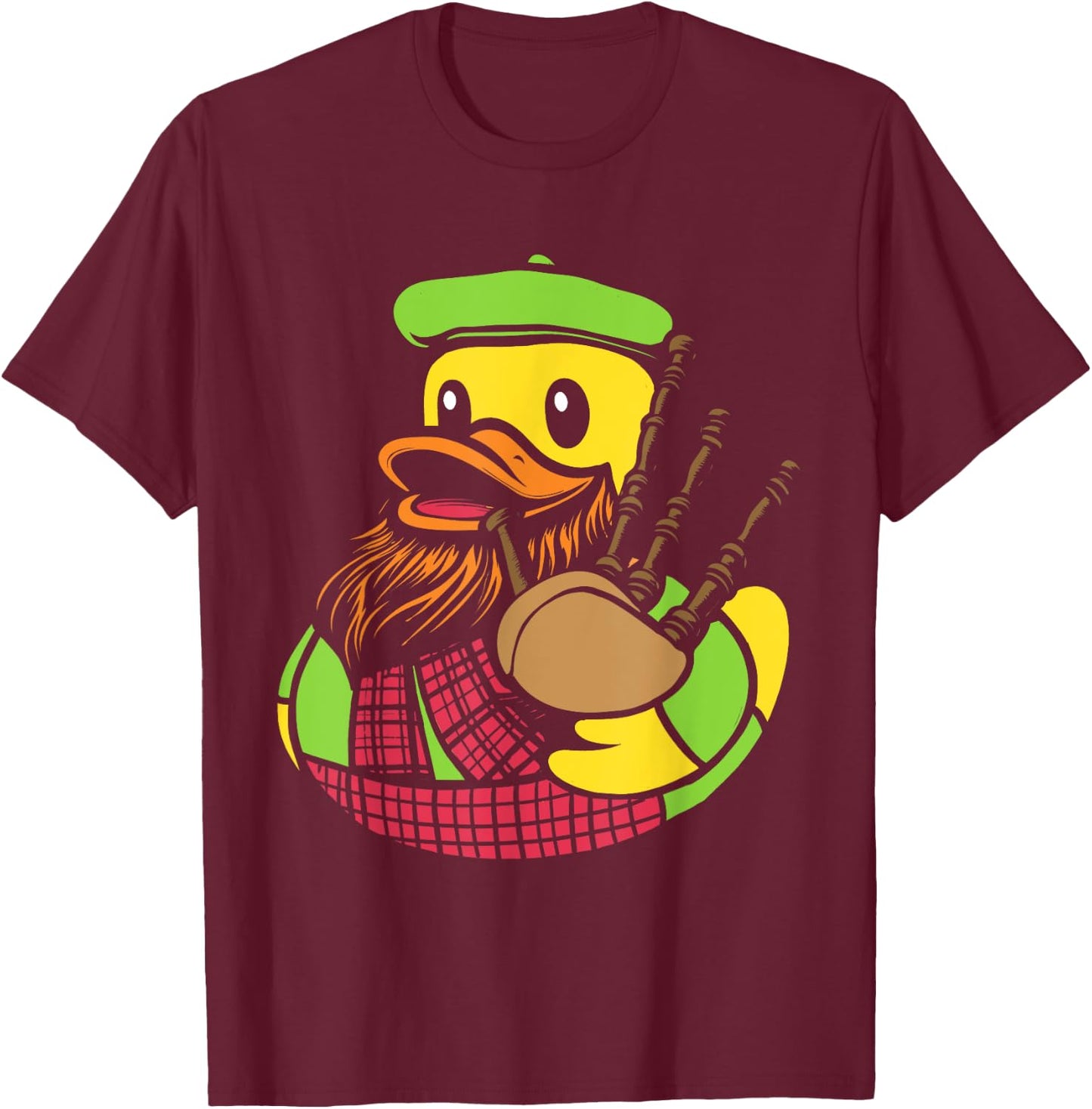 Bagpipe Duck Traditional Scots Rubber Ducky -Adult , Black, Small, Short Sleeve, Classic Fit, Halloween, Music, Cartoon, Unique Bagpipe Rubber Duck Pattern, Blended Fabric T-Shirt - T-Shirt | Maroon