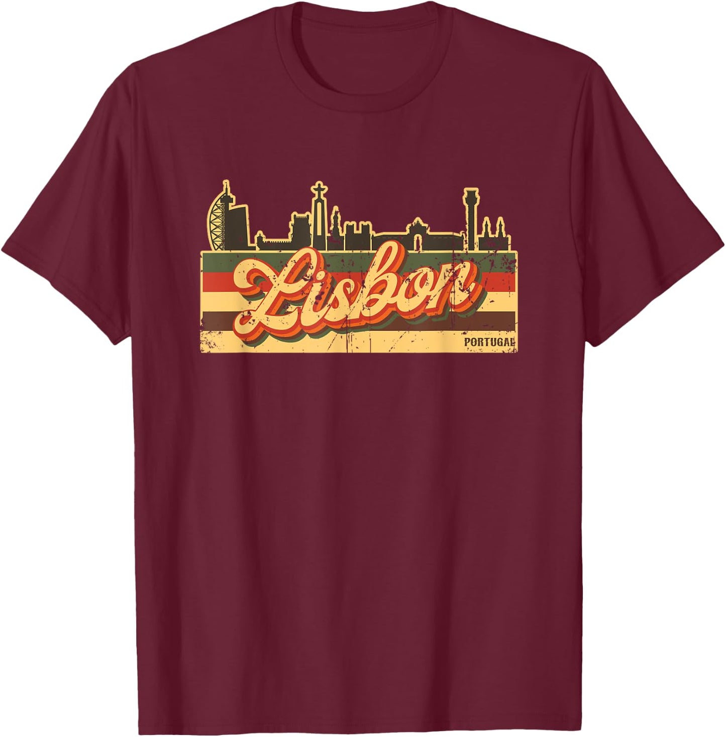 Lisbon Skyline & Portugal Retro Stripes - Portuguese Pride T-Shirt - T-Shirt | Maroon