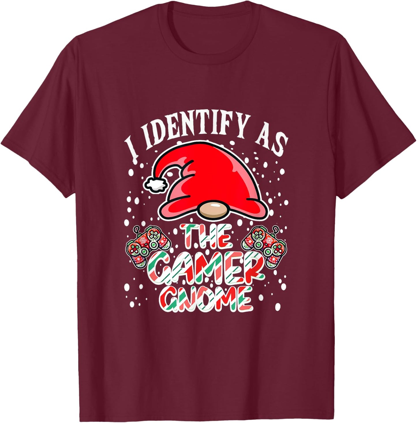 I Identify As The Gamer Gnome Funny Christmas Candy Cane PJs T-Shirt - T-Shirt | Maroon