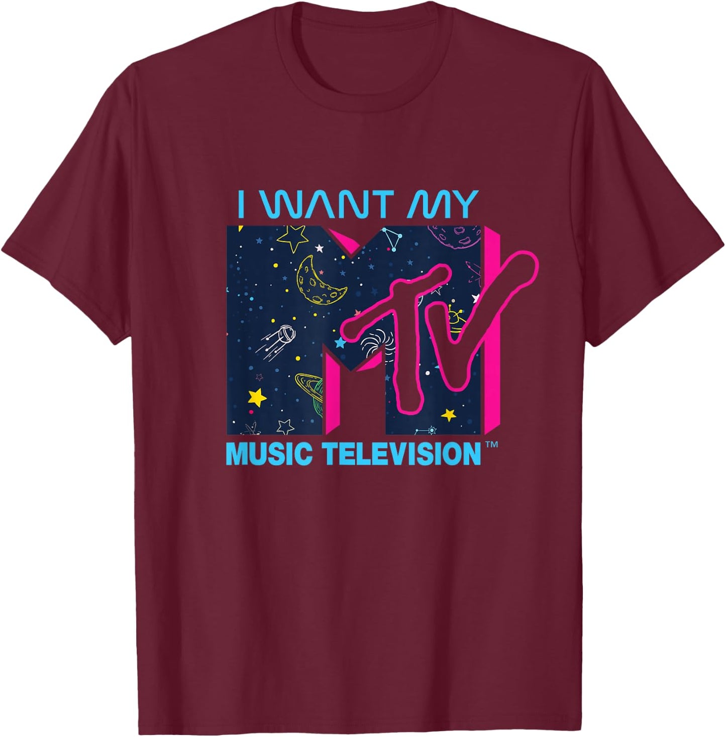 Mademark x MTV Official I want my MTV Logo in Space T-Shirt - T-Shirt | Maroon