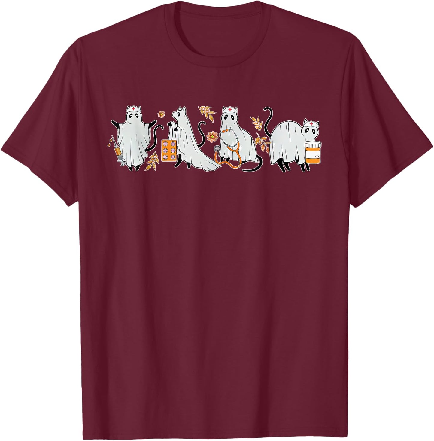 Ghost Cat Nurse ICU RN Pharmacy Tech Fall Halloween Costume T-Shirt - T-Shirt | Maroon