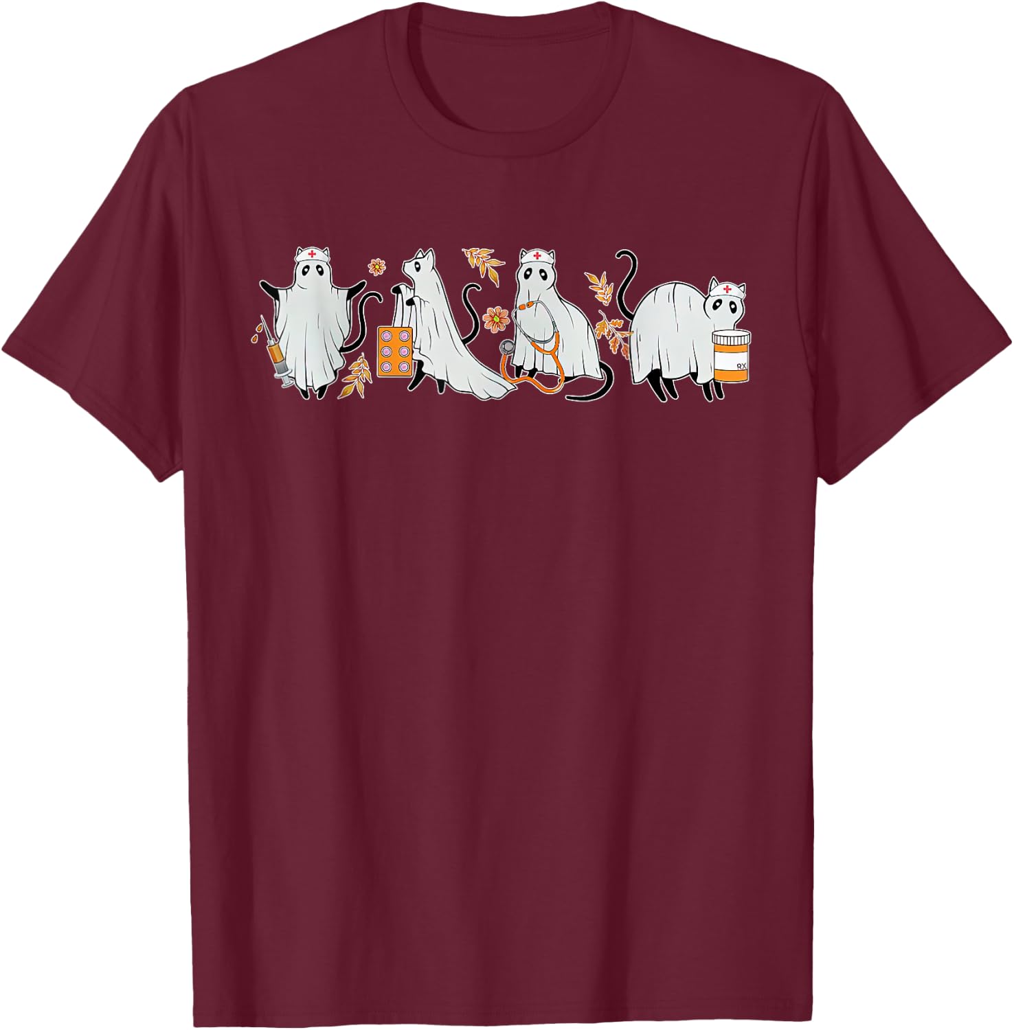 Ghost Cat Nurse ICU RN Pharmacy Tech Fall Halloween Costume T-Shirt - T-Shirt | Maroon