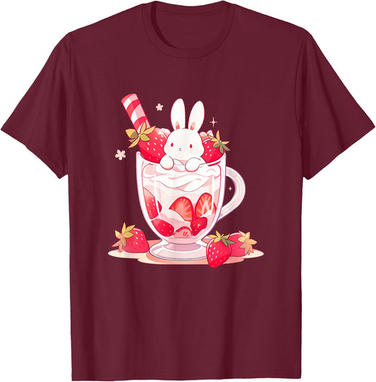 Cute Anime Bunny Rabbit Strawberry Milk Kawaii Harajuku T-Shirt - T-Shirt | Maroon