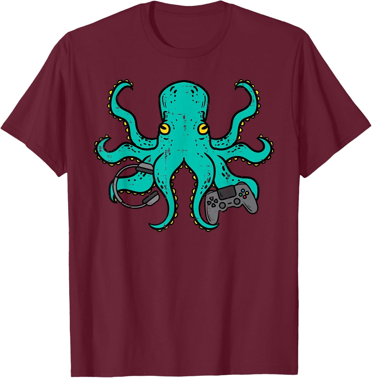 Gamer Shirts Video Games Boys Men Girls Kids Gift Octopus Gamer Funny Gaming -Multiaged Black Short Sleeve Size Small T-Shirt - T-Shirt | Maroon