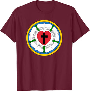 Lutheran 95 Theses Martin Luther Rose Reformation Concords T-Shirt - T-Shirt | Maroon