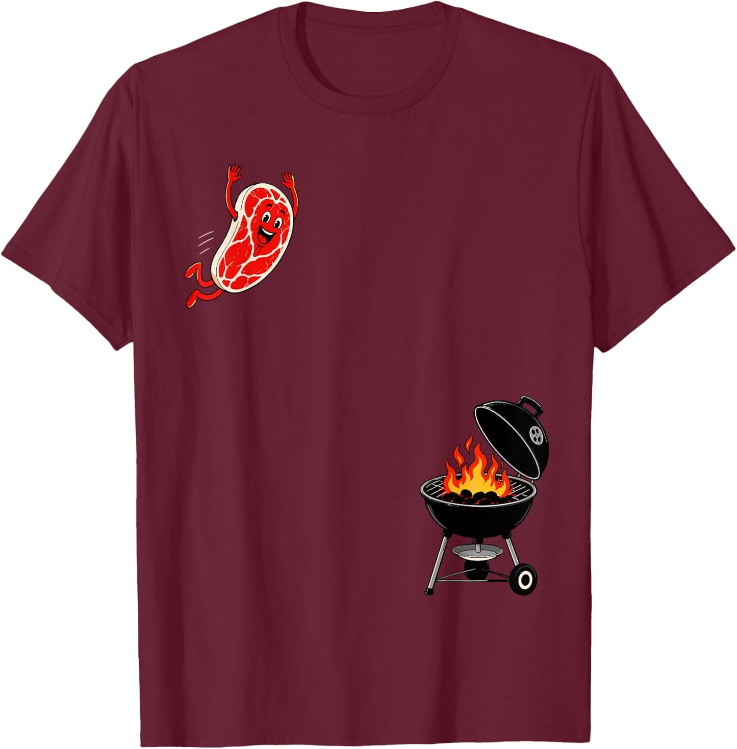 Steak Dive Flying Steak BBQ Grilling Cartoon 4th of July T-Shirt - T-Shirt | Maroon