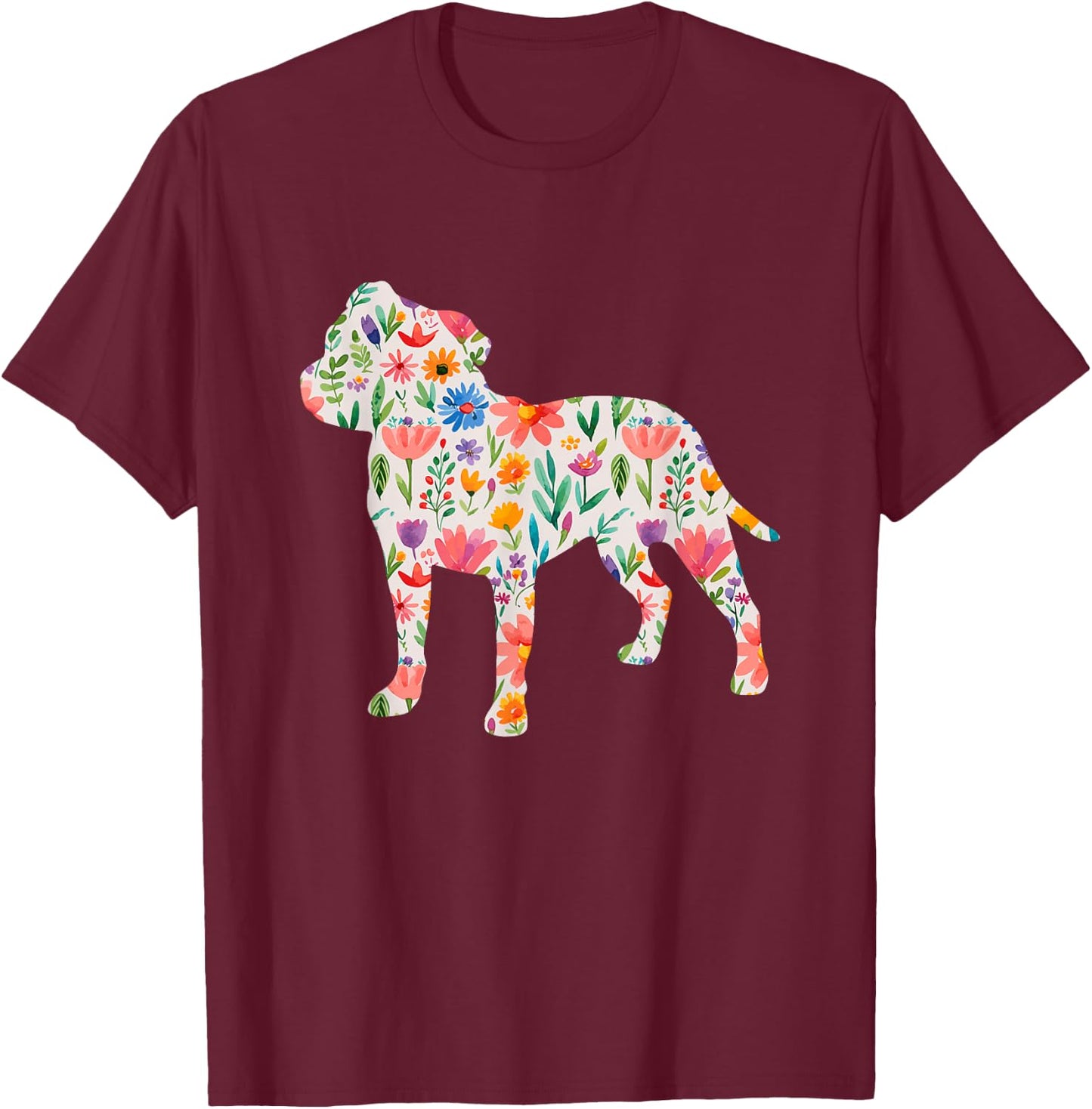 Staffordshire Bull Terrier watercolor flowers design T-Shirt - T-Shirt | Maroon