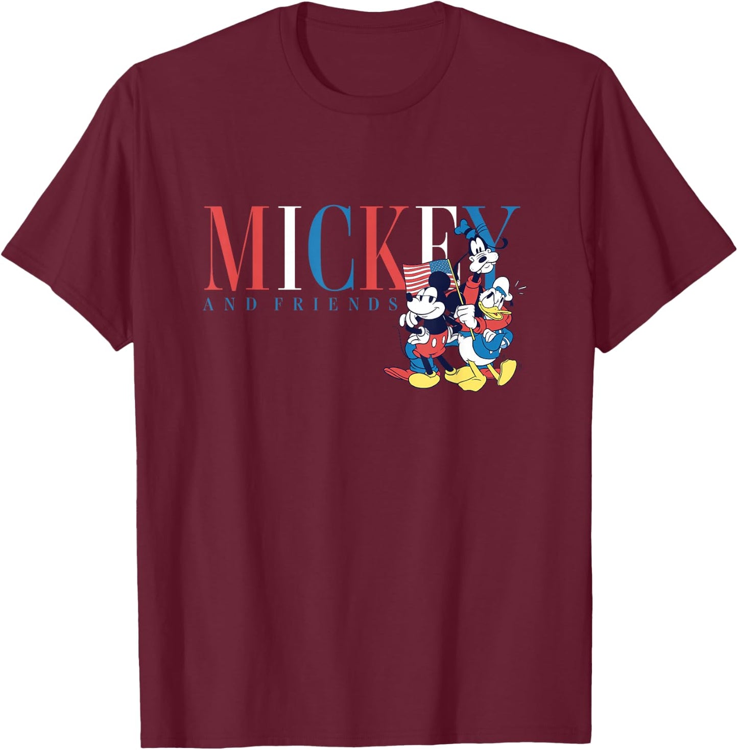 Disney Mickey And Friends 4th Of July American Flag Crew T-Shirt - T-Shirt | Maroon