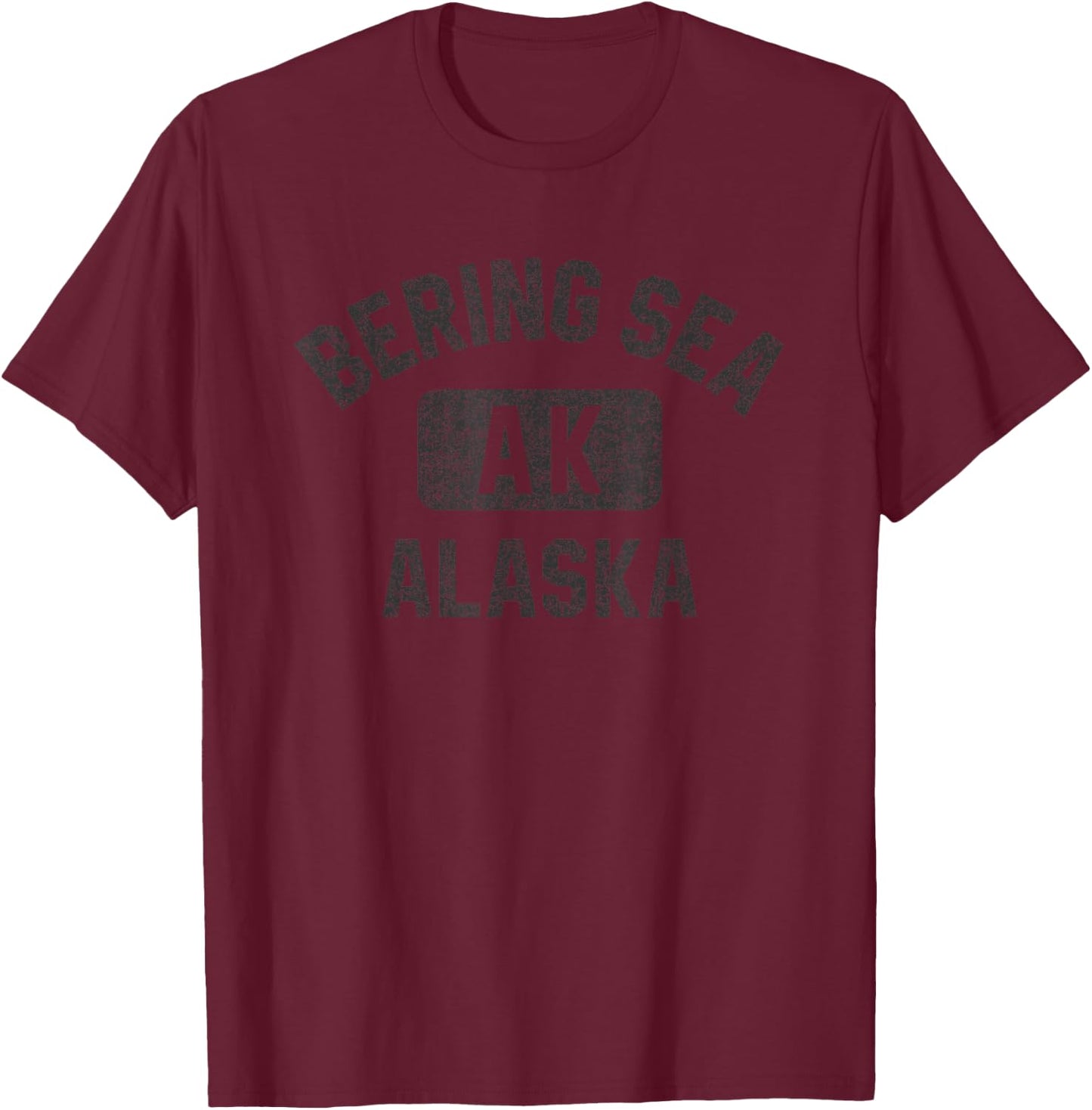 Bering Sea Alaska Gym Style Distressed Black Print T-Shirt - T-Shirt | Maroon
